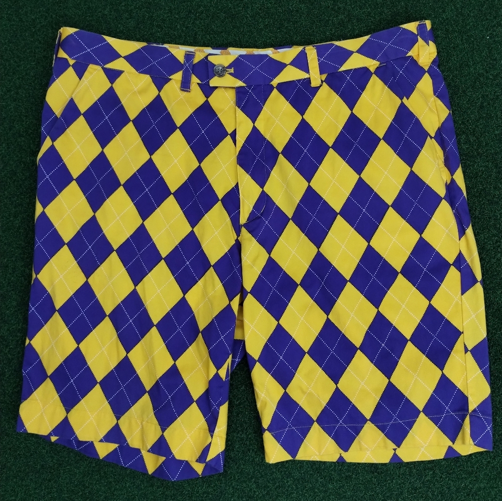 Loudmouth Argyle Men's Preppy Purple Yellow Diamonds Golf Shorts Size 42